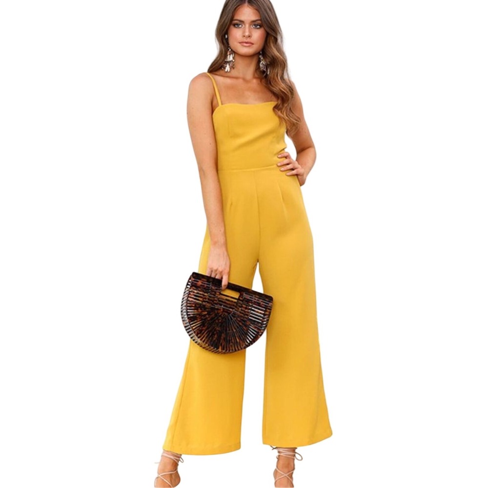 She + Sky Mustard Yellow Wide Leg Jumpsuit Size M Boho Chic Summer Party Wedding
